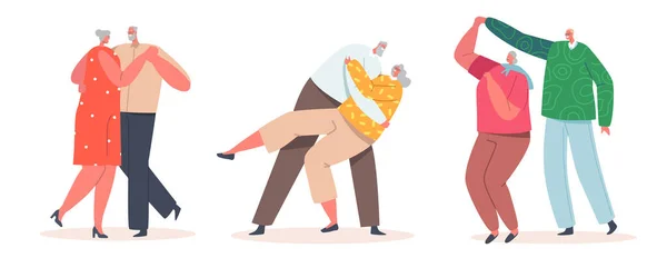 Любовные танцы для пожилых пар, концепция романтических отношений. Счастливые старики и женщины обнимаются, держатся за руки — стоковый вектор