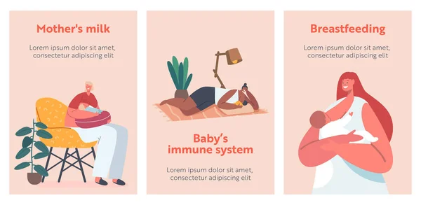 Personajes femeninos que alimentan al bebé con el sistema de las pancartas del pecho, amamantando, nutrición natural sana para el niño recién nacido — Vector de stock