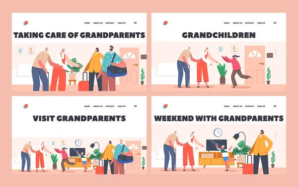 Glada barnbarn Besök morföräldrar Landning Page Mall Set. Familjefigurer far, mor och barn glädje — Stock vektor