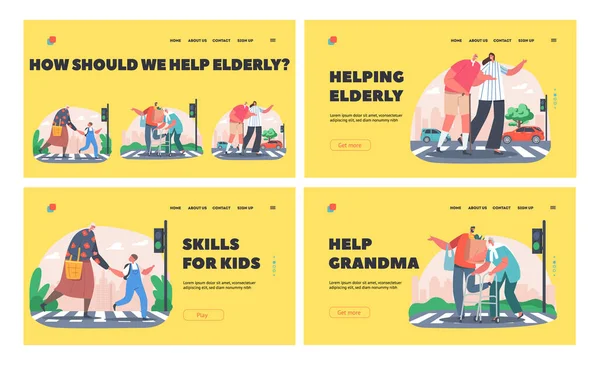 Karakter Bantuan untuk Cross Road for Elderly People Landing Page Template Set. Man, Woman dan Little Boy Support Seniors - Stok Vektor