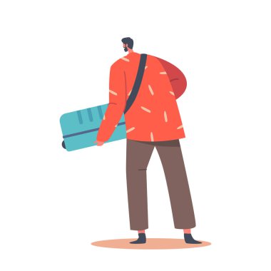 Genç Erkek Karakter Bagajda Arkaya Bakış Beyaz Arkaplanda tecrit edilmiş, Yolcu Bekleme Uçağı Kaydı