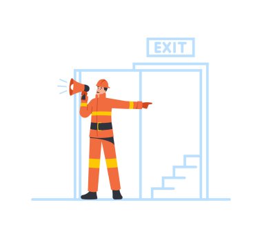 Alert for Building Office Escape in Life-threatening Situation. Fireman with Loudspeaker Announce Fire Evacuation clipart