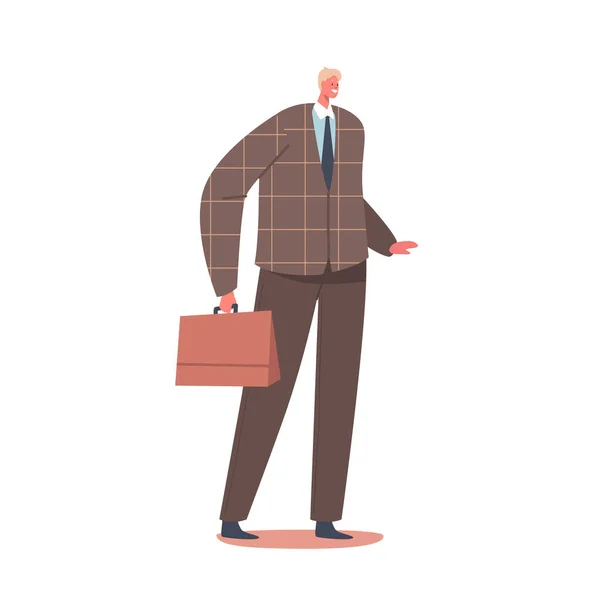 Hombre de negocios confiado sonriente, alegre traje formal masculino con traje formal marrón con maletín en mano aislado en blanco — Vector de stock