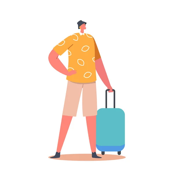 Unga manliga karaktär i sommar kläder hålla bagage i händerna isolerade på vit bakgrund, Passagerare i terminalen — Stock vektor