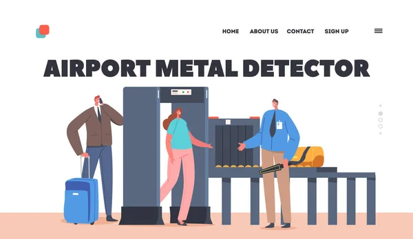 Flughafen Metalldetektor Landing Page Template. Sicherheitsband-Scanner, Terminal Checkpoint mit Reisenden — Stockvektor
