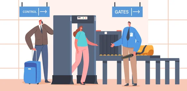 Escáner de cinta transportadora de seguridad del aeropuerto, detector de metales de punto de control de terminales con personajes y equipaje del viajero — Vector de stock
