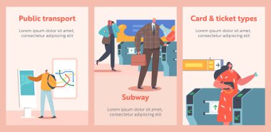 İnsanlar metro pankartlarıyla seyahat ediyor. Erkek ya da Kadın Karakterler Turnikeden Geçer ve Tren Biletlerinin Gelmesini Beklerler