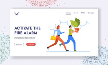 Activate the Fire Alarm Landing Page Template. Office Staff Evacuation during Fire, Businessman and Businesswoman clipart