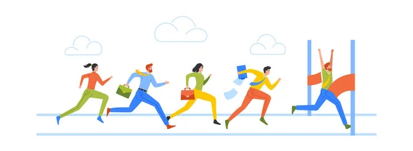 Business People Characters Running by Row Following Businessman Crossing Finish Line Leadership, Colleagues Chase — Stock Vector