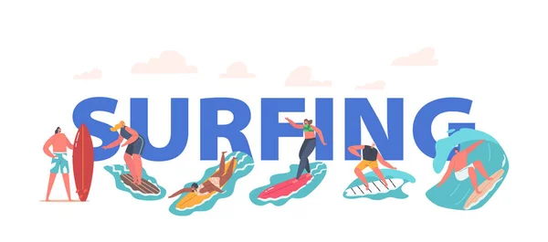 サーフィンウォータースポーツのコンセプト。ボード上のサーファー乗馬海の波、キャラクター夏休み、レジャー、サーフパーティー — ストックベクタ