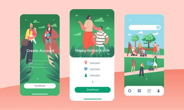 Happy Mothers Club Mobile App Page Skärmmall ombord. Kvinnor med spädbarn i Prams och Barnvagnar, Moms Walking — Stock vektor