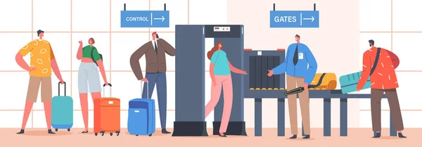 Trasporto Bagagli Check in Aeroporto, Personaggi Passare attraverso Metal Detector Security Frame. Screening del Dipartimento di Polizia — Vettoriale Stock