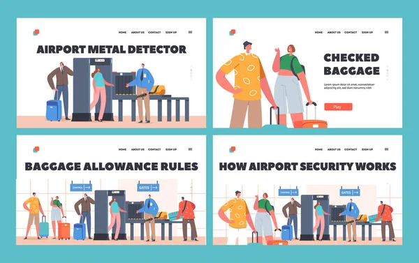 Trasporto Bagagli Check-in Aeroporto Landing Page Template Set. I personaggi passano attraverso Metal Detector Security Frame — Vettoriale Stock