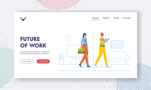 Future of Work Landing Page Template. Гибридная работа женского характера, женщина в отделенном офисе и домашнем интерьере — стоковый вектор