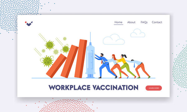 Workplace Vaccination Landing Page Template. Characters Trying to Stop Business Drop with Vaccine, Economic Crisis