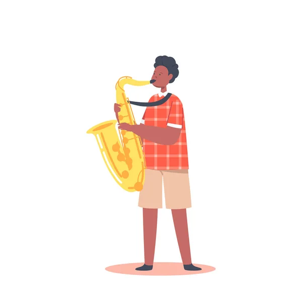 African Boy Playing Saxophone Perform Concert, Blow Musician Composition. Kid Playing Jazz, Music Entertainment — Stock Vector