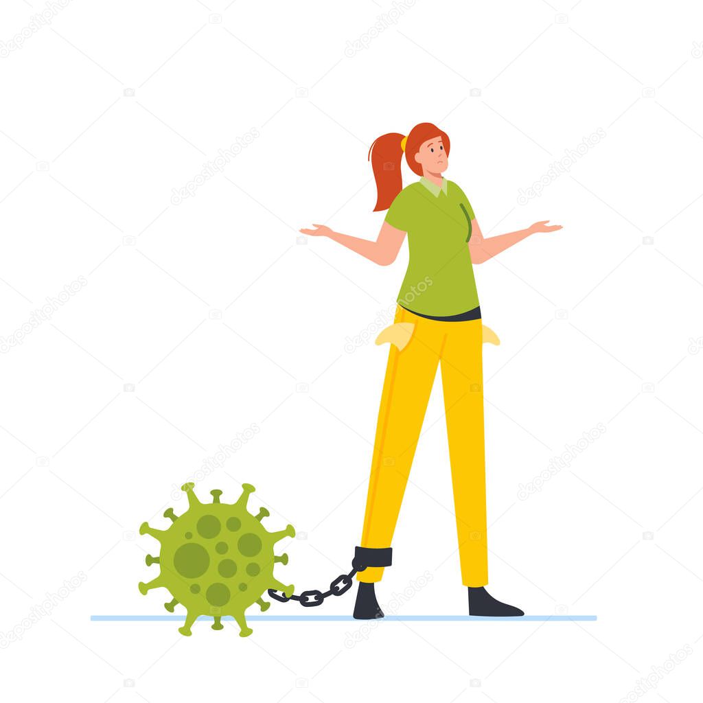 Businesswoman Character with Covid Cell on Chain Counted to Leg. Woman with Covid-19 Pathogen. Coronavirus Crash