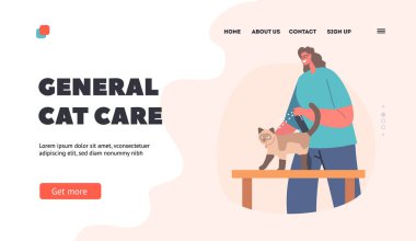 Genel Kedi Bakımı İniş Sayfa Şablonu. Hayvanlar için Profesyonel Hizmet. Kuaför Kadın Karakteri Kozmetik Spreyi