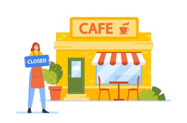 İş İflas Salgını ve Mali Kriz sırasında Kapanıyor. Kapalı İşaretli Maskeli Girişimci Kadın Karakteri