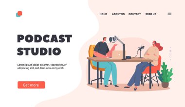 Podcast Stüdyo İniş Sayfa Şablonu. Kulaklıklı Erkek ve Kadın Karakterler Mikrofon ve Laptop ile Oturuyorlar