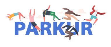 Parkour Konsepti. Duvarlardan ve Engellerden Atlayan Genç Erkekler ve Kadınlar, Gençlerin Şehir Sporları, Aktif Yaşam Tarzı