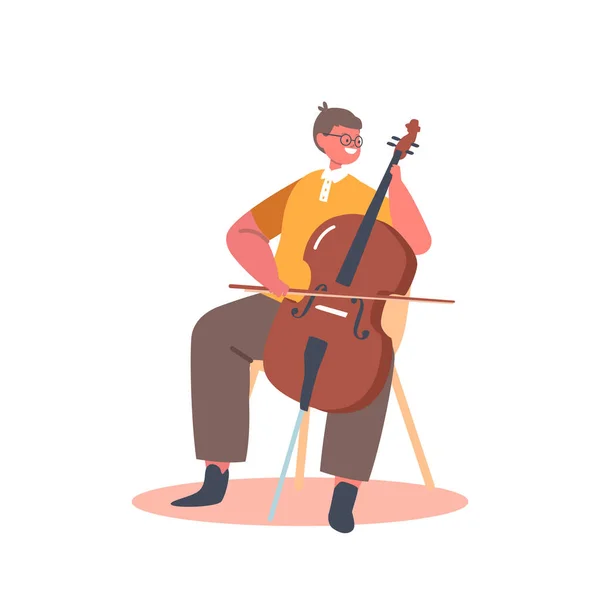 Musicien Garçon Personnage Jouer Violoncelle ou contrebasse Instrument à cordes Jouer sur scène avec de la musique classique Concert — Image vectorielle