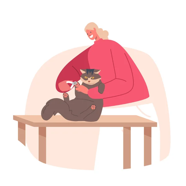 Frisör kvinnlig karaktär skära katter Talons med sax i salongen, Groomer Woman ger grooming service — Stock vektor