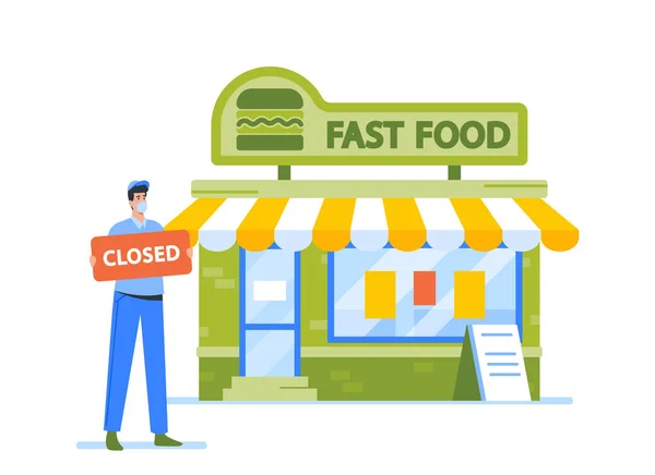 Sad Business Man in Mask, Fast Food Cafe Ägare med stängt Logga in Händer Stå på byggnadsfasaden, finanskris — Stock vektor