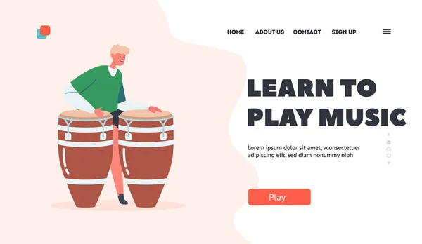 Kid imparare a riprodurre musica Landing Page Template. Bambino che suona la batteria africana, strumenti a percussione, artista — Vettoriale Stock