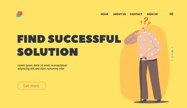 Vind een succesvolle oplossing Landing Page Template. Verward Pensive Old Male Character met Question. Vergeetachtige oudere man. — Stockvector