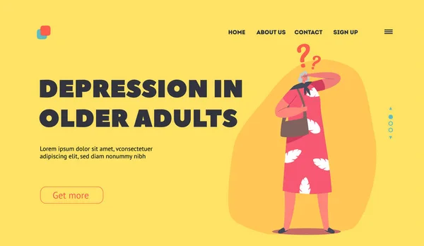 Depressie bij oudere volwassenen Landing Page Template. Geheugenverliesconcept. Oudere volwassen vrouw met hersenziekte — Stockvector