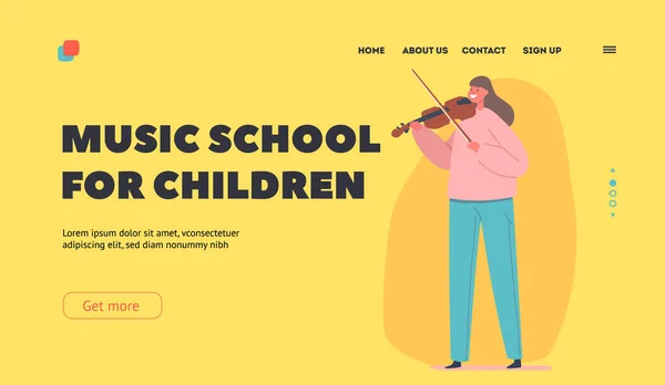 Mädchen spielen Geige Landing Page Template. Kinder bereiten sich vor Konzert auf der Bühne auf Prüfung in Musikschule oder Ausbildung vor — Stockvektor