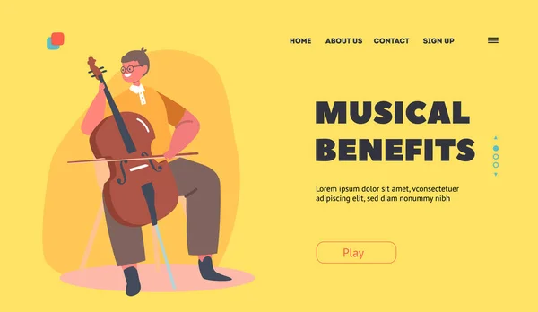 Benefícios musicais Landing Page Template. Personagem de Menino Músico Tocar Violoncelo ou Instrumento de Cadeia de Contrabando — Vetor de Stock