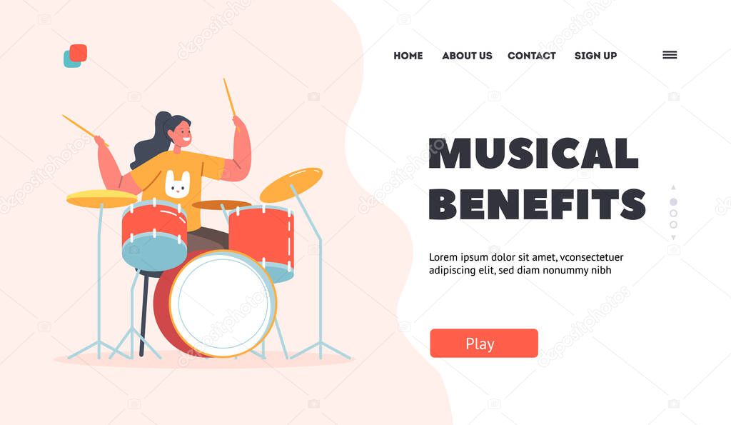 Musical Benefits Landing Page Template. Girl Playing Drums, Performance on Stage or Exam, Kid Take Part in Talent Show
