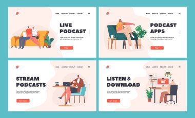 Karakterler Dinleyin Podcast İniş Şablonu Ayarları. Kulaklıkla Ses Programlarını Dinleyen İnsanlar, Telefonla Uygulama Kullan