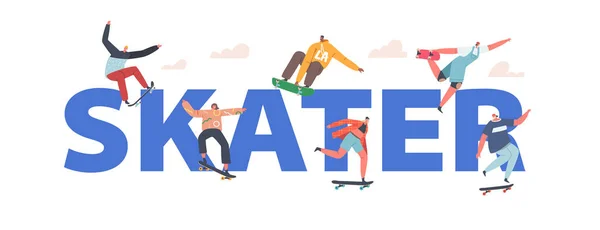 Skater Concept. Boys and Girls Characters Skateboarding Activity. Young People Skating Longboard, Jump, Making Stunts — Stock Vector