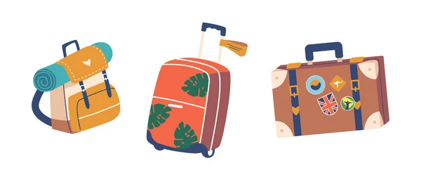 Artículos del viajero Iconos Mochila, maleta y equipaje con pegatinas aisladas sobre fondo blanco. Equipaje y Equipaje — Vector de stock