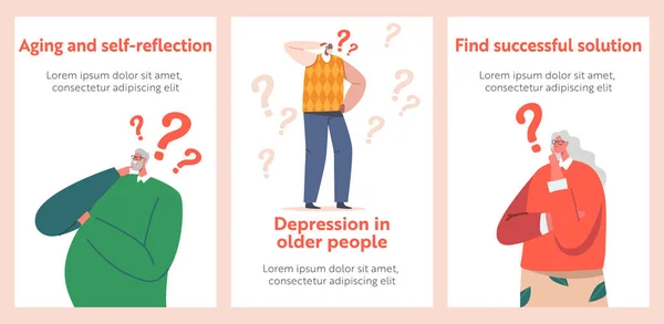 Pensive Elderly People Banners. Karakter Senior yang pelupa Berpikir, Alzheimer. Bingung kakek-nenek Masalah penuaan - Stok Vektor