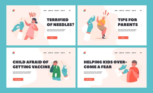 Děti se bojí vakcinace Přistávací stránka šablony Set. Děti kluci a dívky postavy pláč, ochrana před stříkačkou — Stockový vektor