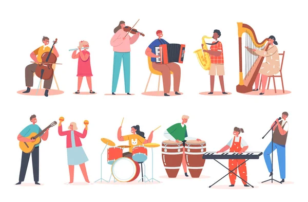楽器で遊ぶ男の子と女の子チェロ、フルート、ヴァイオリン、アコーディオンとシンセサイザー。キッド・シング-マイク、ギター — ストックベクタ