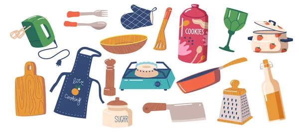 Mutfak gereçleri karıştırıcı, çatal, kaşık, tekstil eldiveni ve Turner, önlük, şarap kadehi ve yemek tepsisi. Kesme tahtası, soba. — Stok Vektör