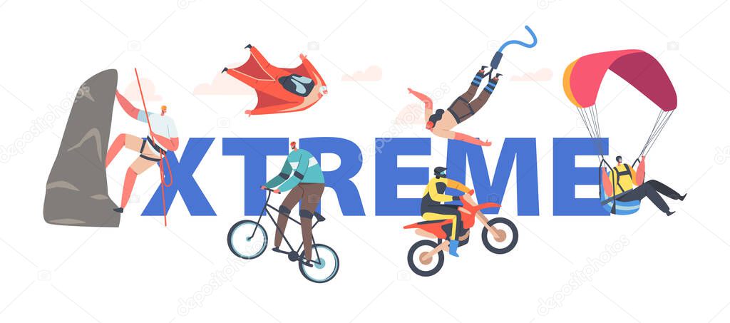 Extreme Activities and Sport Concept. Bungee Jumping, Wingsuit Flying, Off Road Biking on Bicycle, Motorcycle, Climbing
