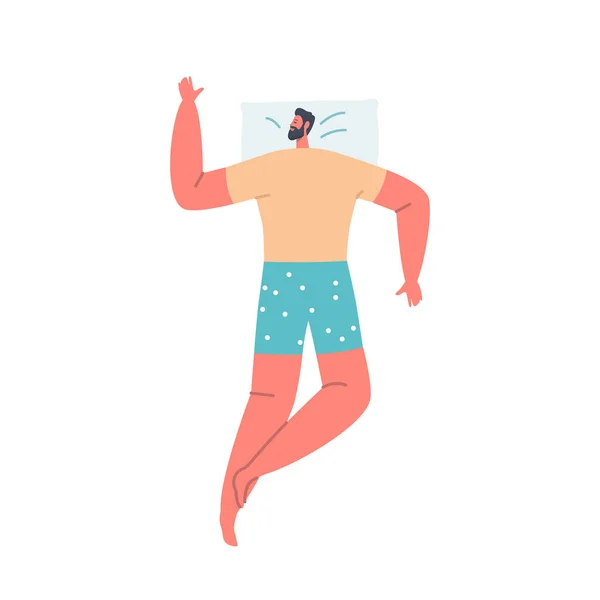 Hombre cansado en pijama duerme en la cama acostado en la espalda con las manos extendidas y las piernas cruzadas. Hombre personaje durmiendo en relajarse — Archivo Imágenes Vectoriales