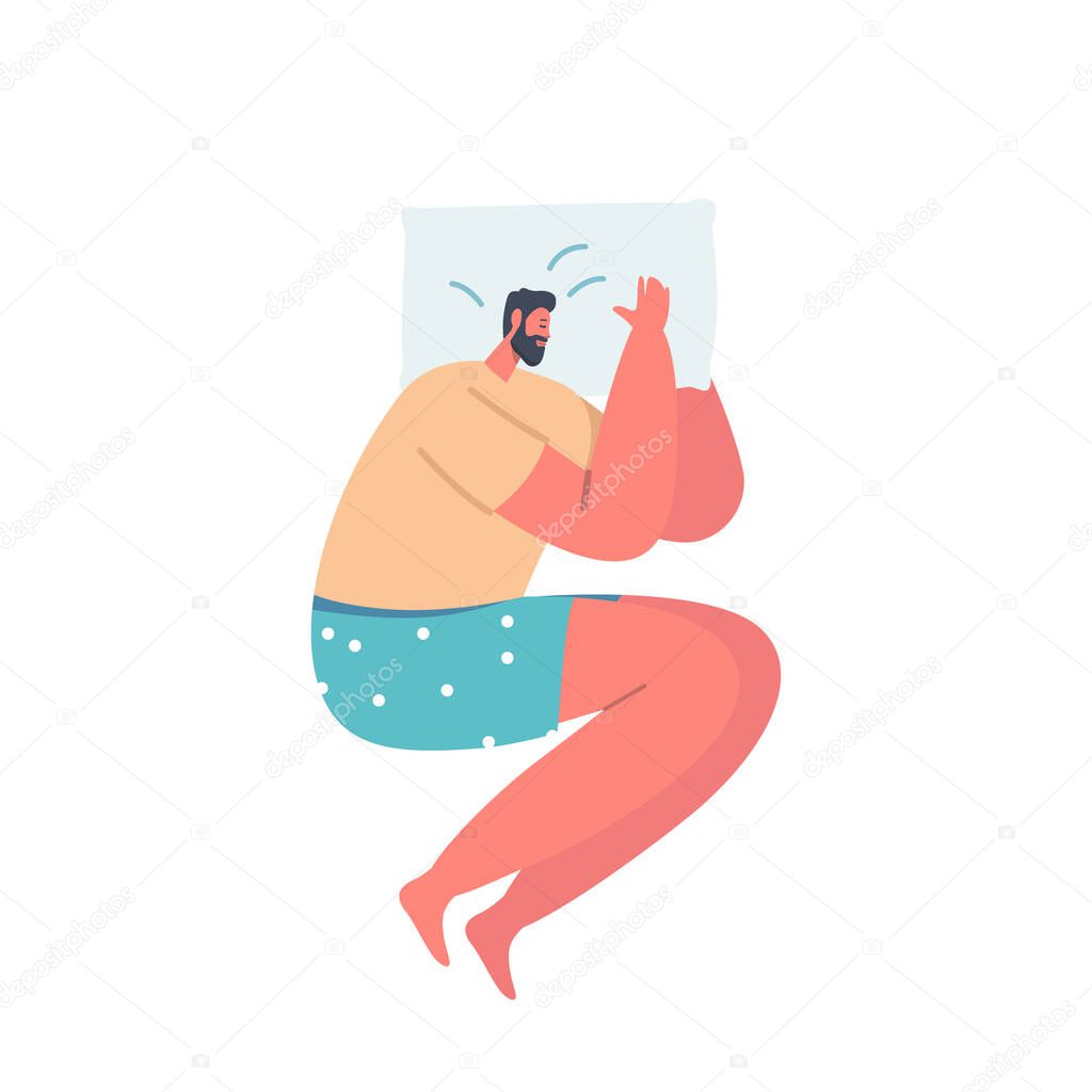 Relaxed Male Character Sleeping in Pose of Embryo Lying in Bed with Bent Legs and Hand under Blanket Top View