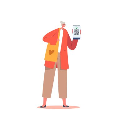 Dijital Sağlık Geçidi Konsepti. Kıdemli Kadın Koronavirüs Sertifikası Göster Qr Kod, Mobil Ekran Aşılama Belgesi