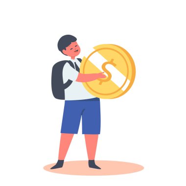 Çocuklar için Tasarruf, Finansal Başarı Planlama. Küçük Çocuk Ellerinde Büyük Altın Para Tutuyor. Çocuk Karakteri Para Topla