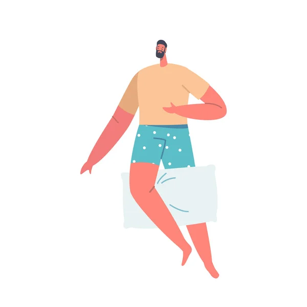 Homme fatigué Pose de sommeil sur le dos avec oreiller entre les jambes et la main sur l'estomac. Personnage masculin paisible porter pyjama sommeil — Image vectorielle
