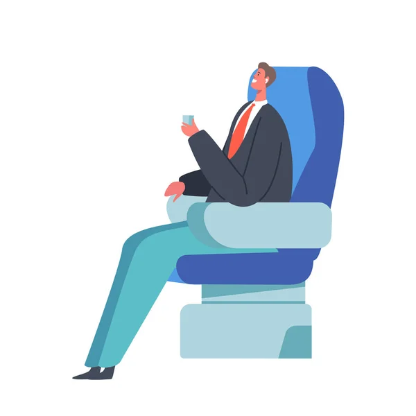 Young Business Man Sit in Comfortable Airplane Seat and Drinking Beverage. Businessman Passenger Travel by Plane — Stock Vector
