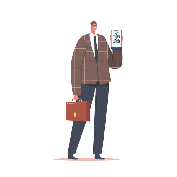 Hombre de carácter Mostrar código Qr, Joven hombre de negocios con maletín y documento de vacunación Covid-19 en la pantalla del teléfono — Vector de stock