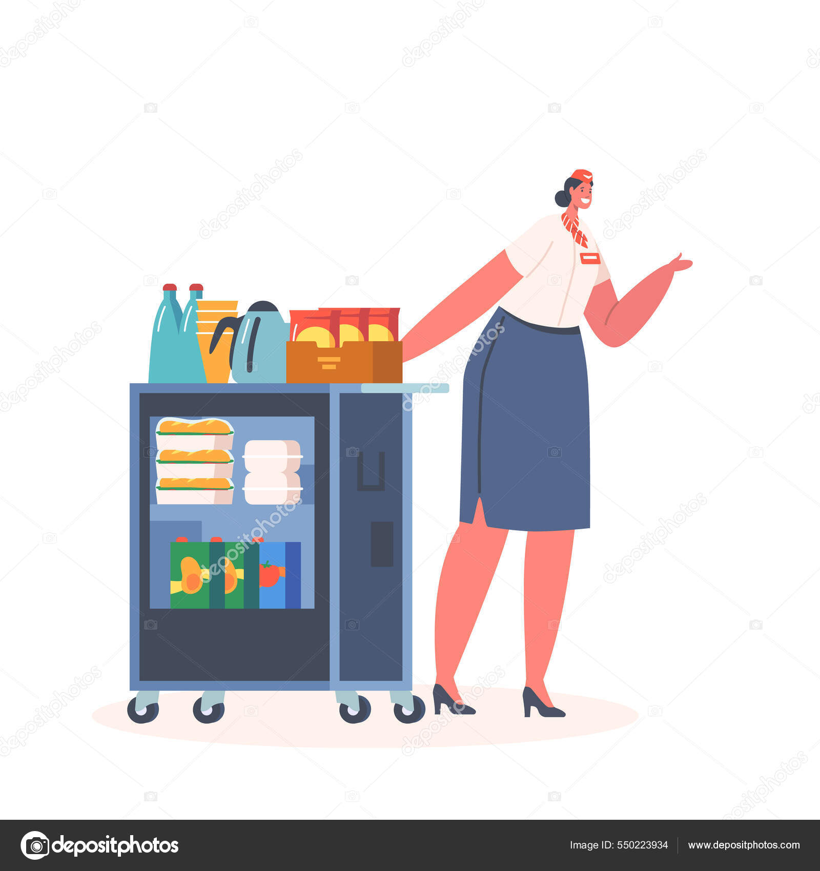 Flight Attendant, Airline Staff, Stewardess Push Trolley with